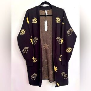 Black Friday Open Front Cardigan Women’s Size Medium Gold Eye Hand Print Sweater